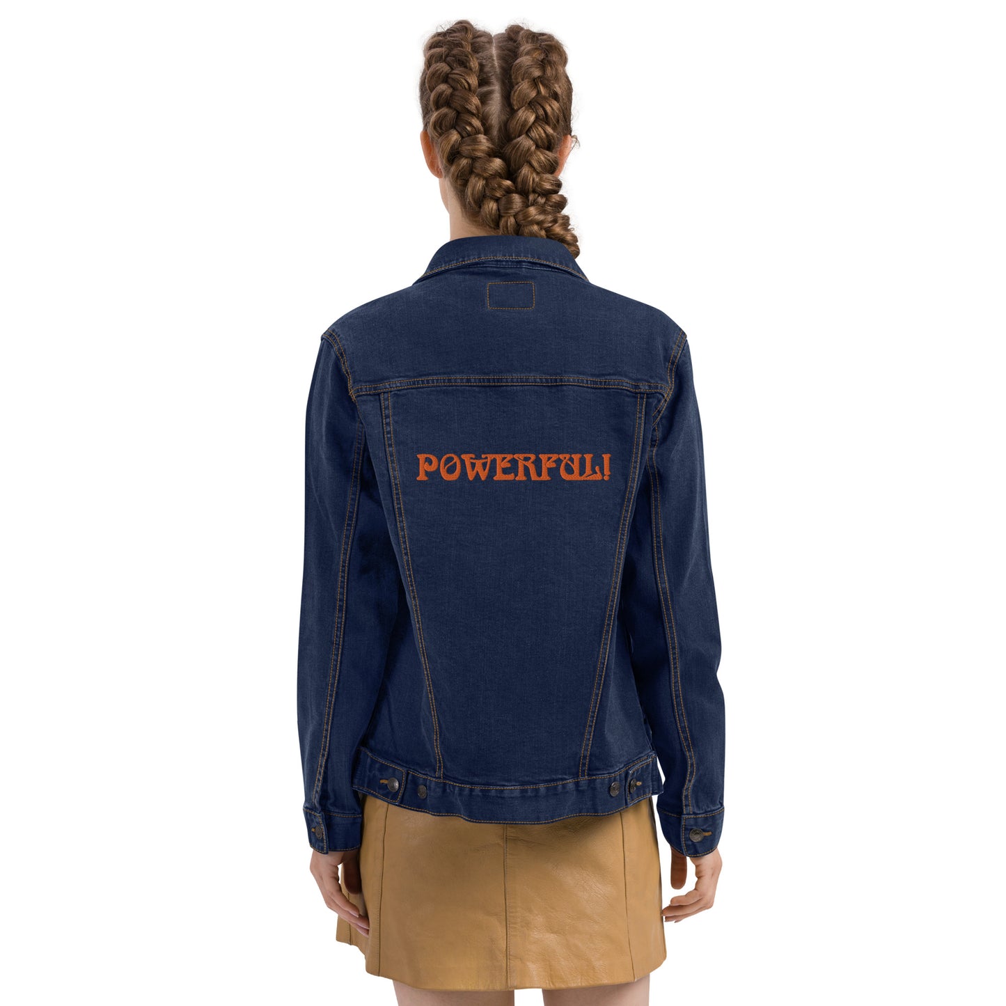 “POWERFUL!”Unisex Denim Jacket W/Orange Font