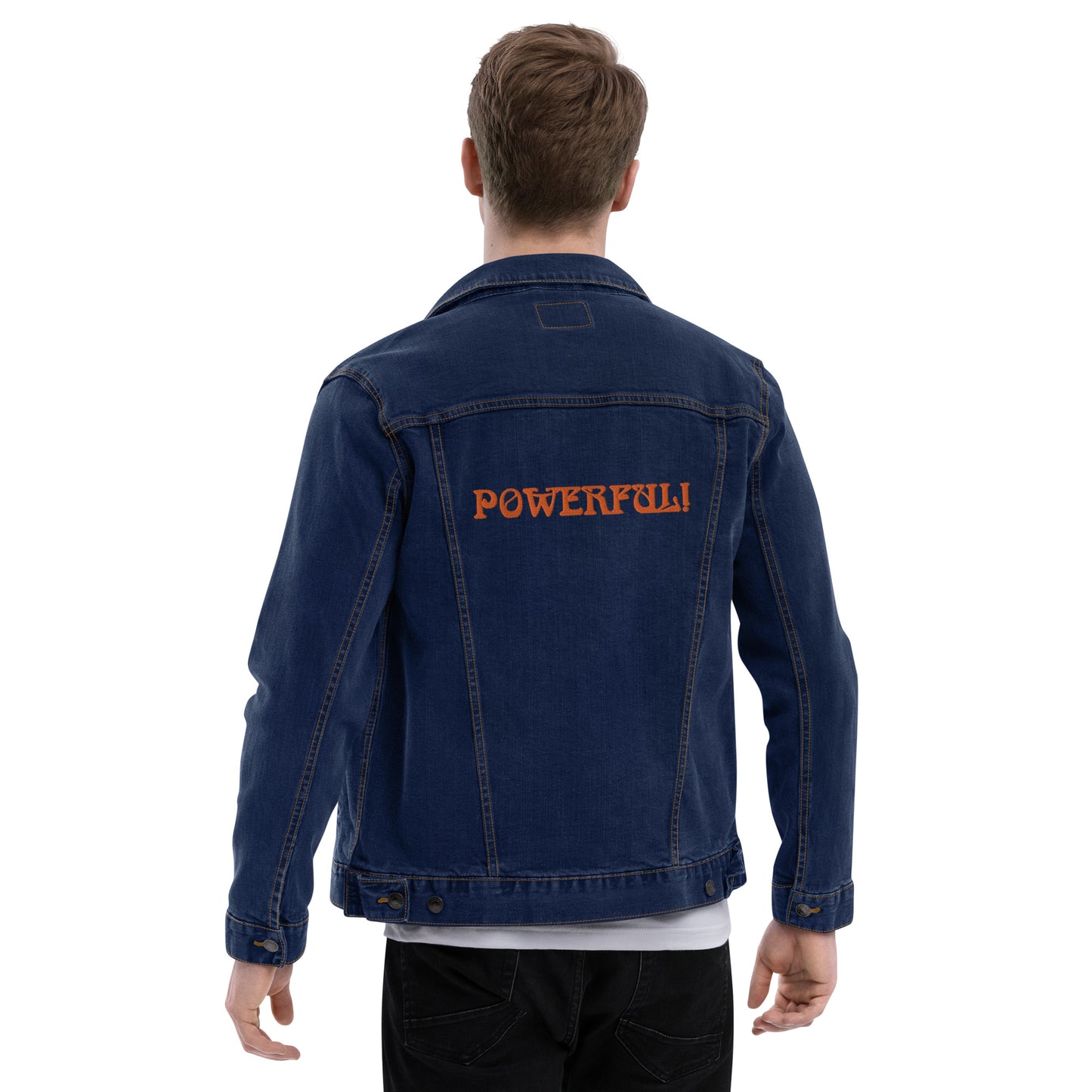 “POWERFUL!”Unisex Denim Jacket W/Orange Font