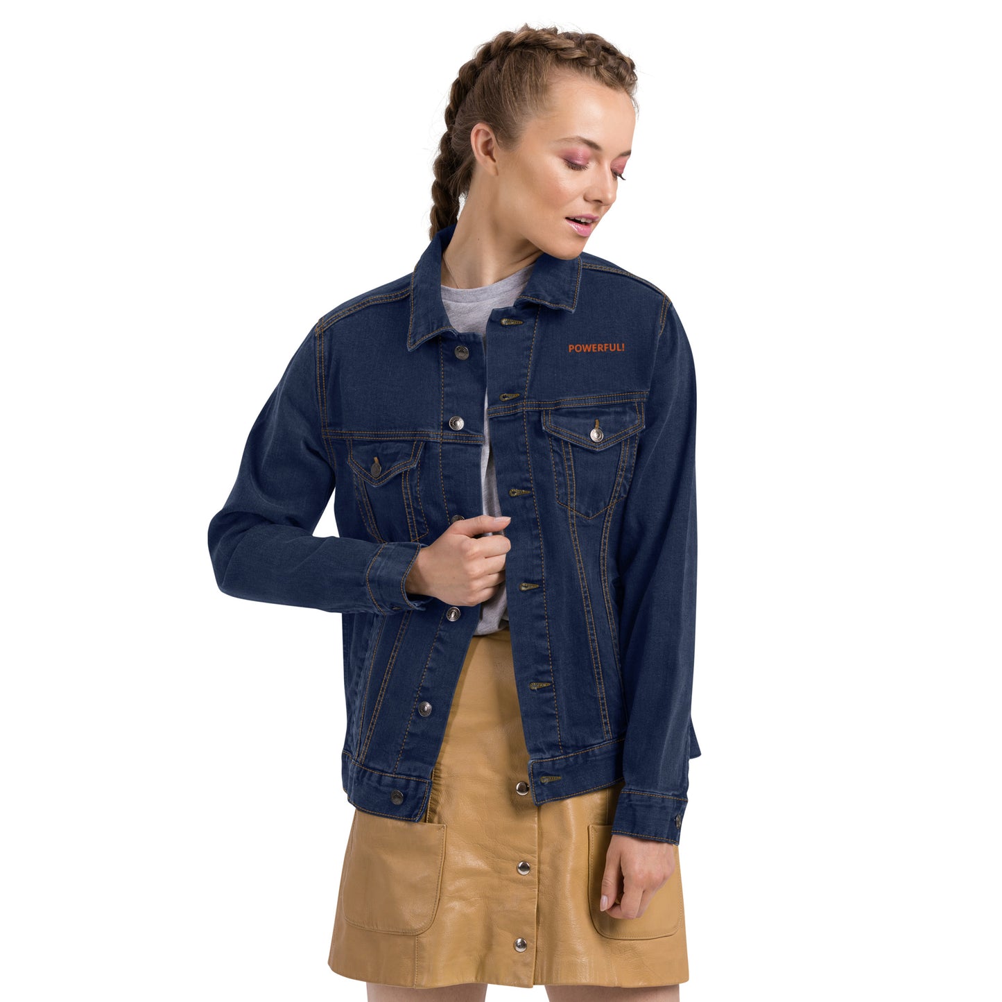 “POWERFUL!”Unisex Denim Jacket W/Orange Font