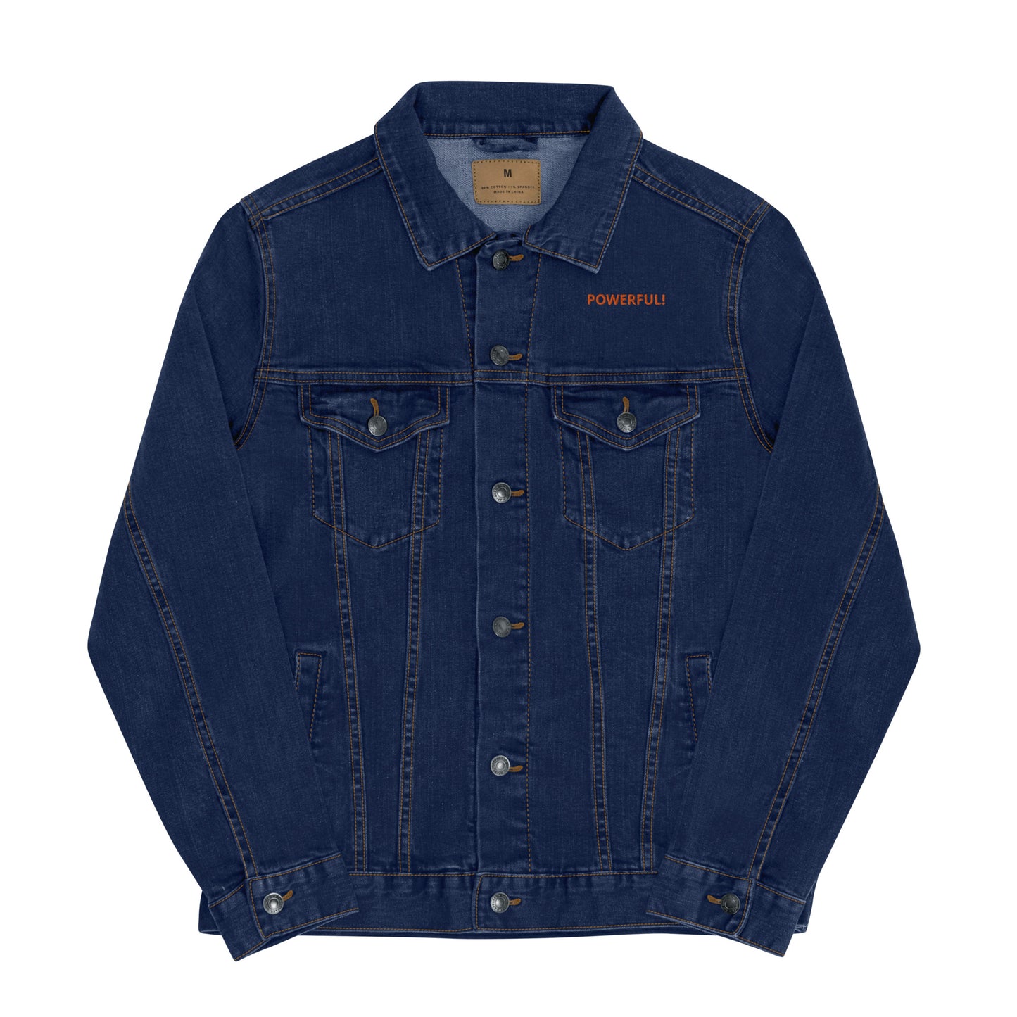 “POWERFUL!”Unisex Denim Jacket W/Orange Font