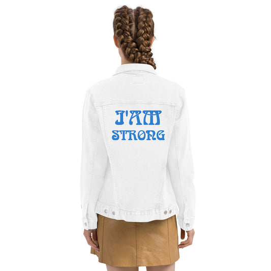 “IAM STRONG!"Unisex Denim Jacket W/SkyBlue Font