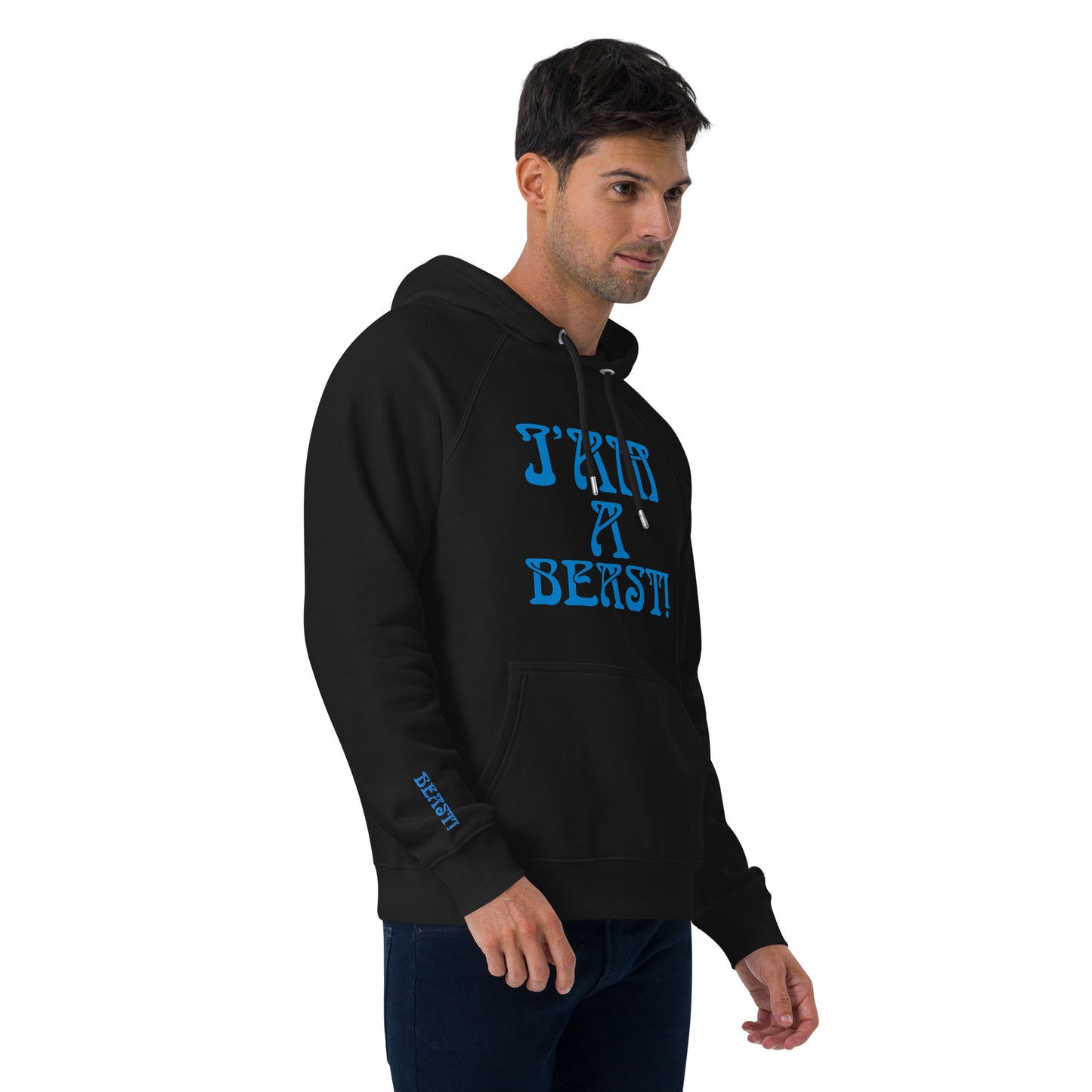 “I’AM A BEAST!”Men’s Eco Raglan Hoodie W/Navy Blue Font