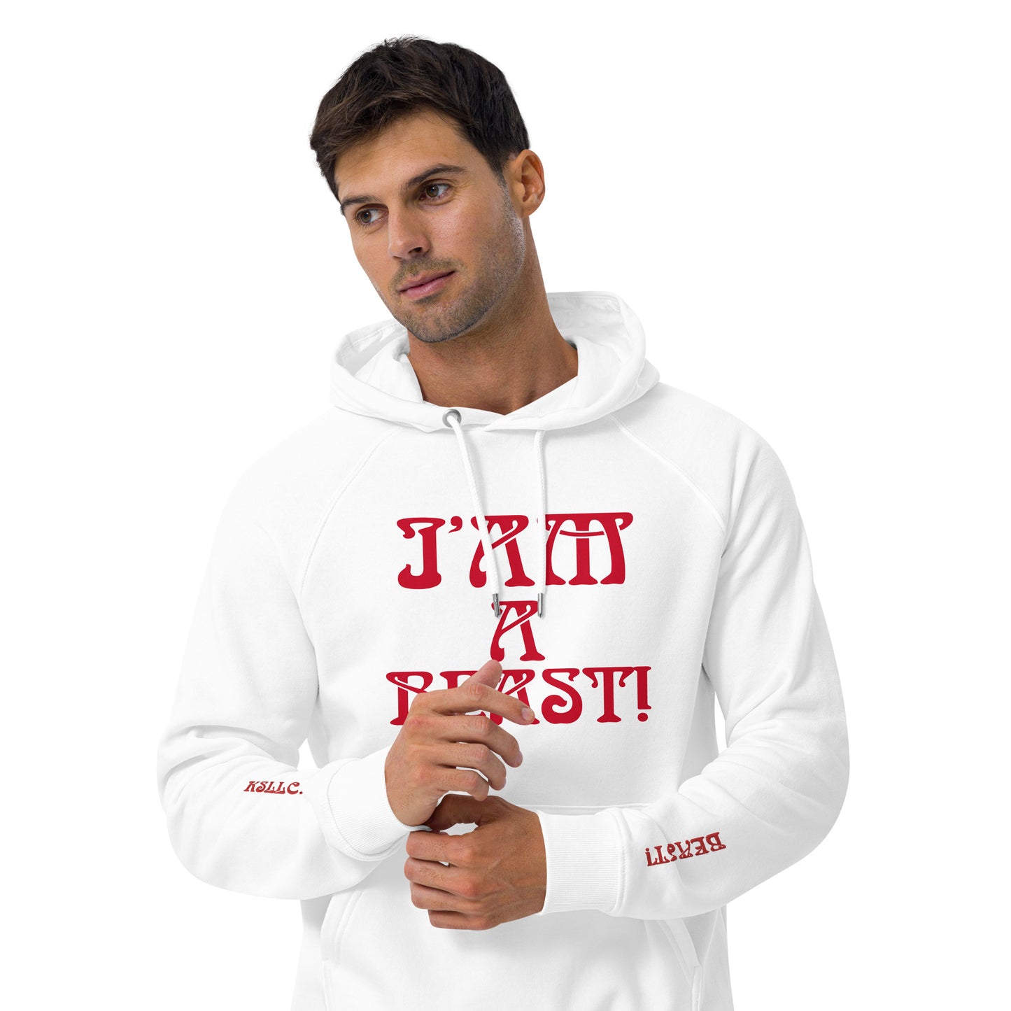 “I’AM A BEAST!” Men’s Eco Raglan Hoodie W/Red Font