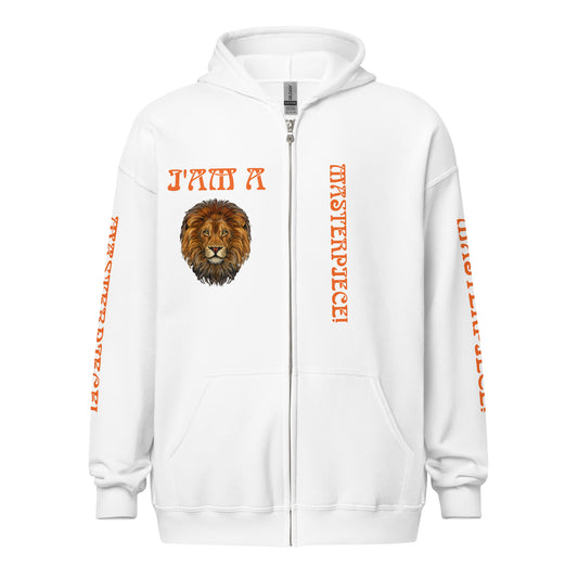 “IAM A MASTERPIECE!"Unisex Heavy Blend Zip Hoodie W/Orange Font