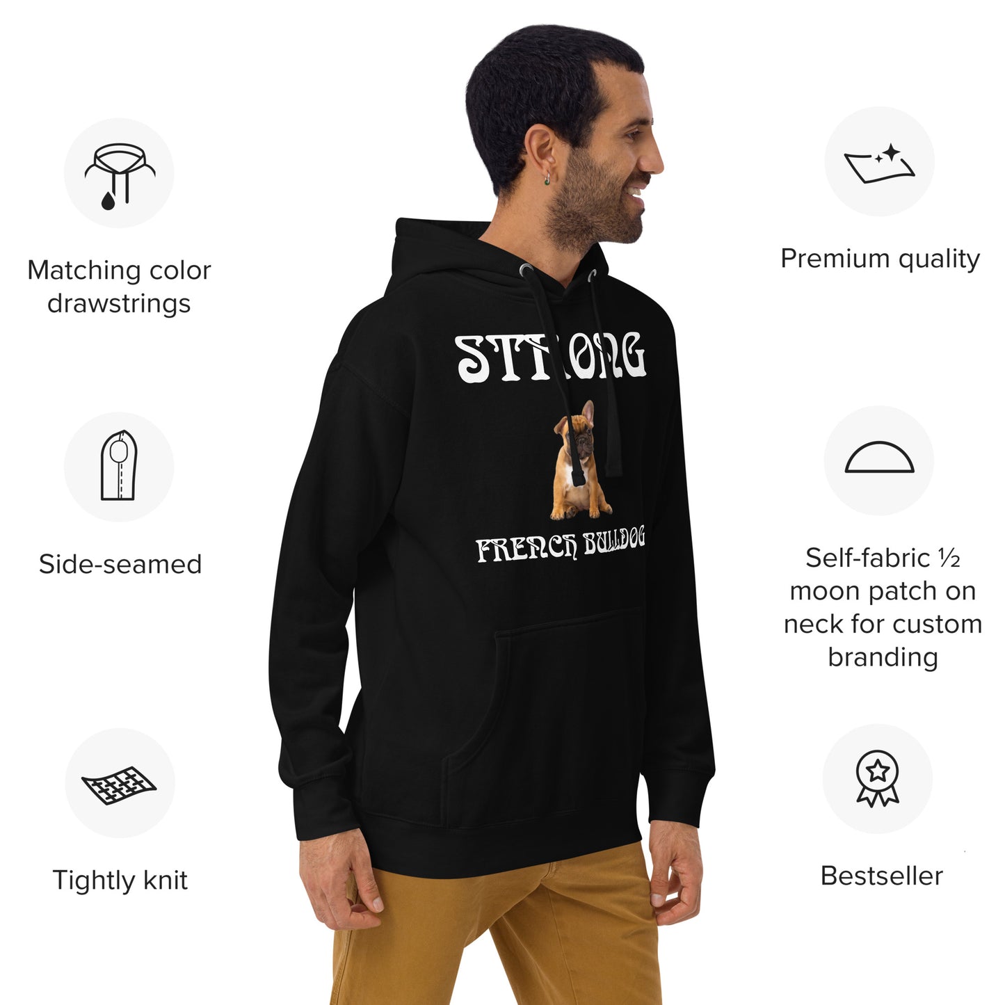 “STRONG FRENCH BULLDOG”Unisex Hoodie W/White Font