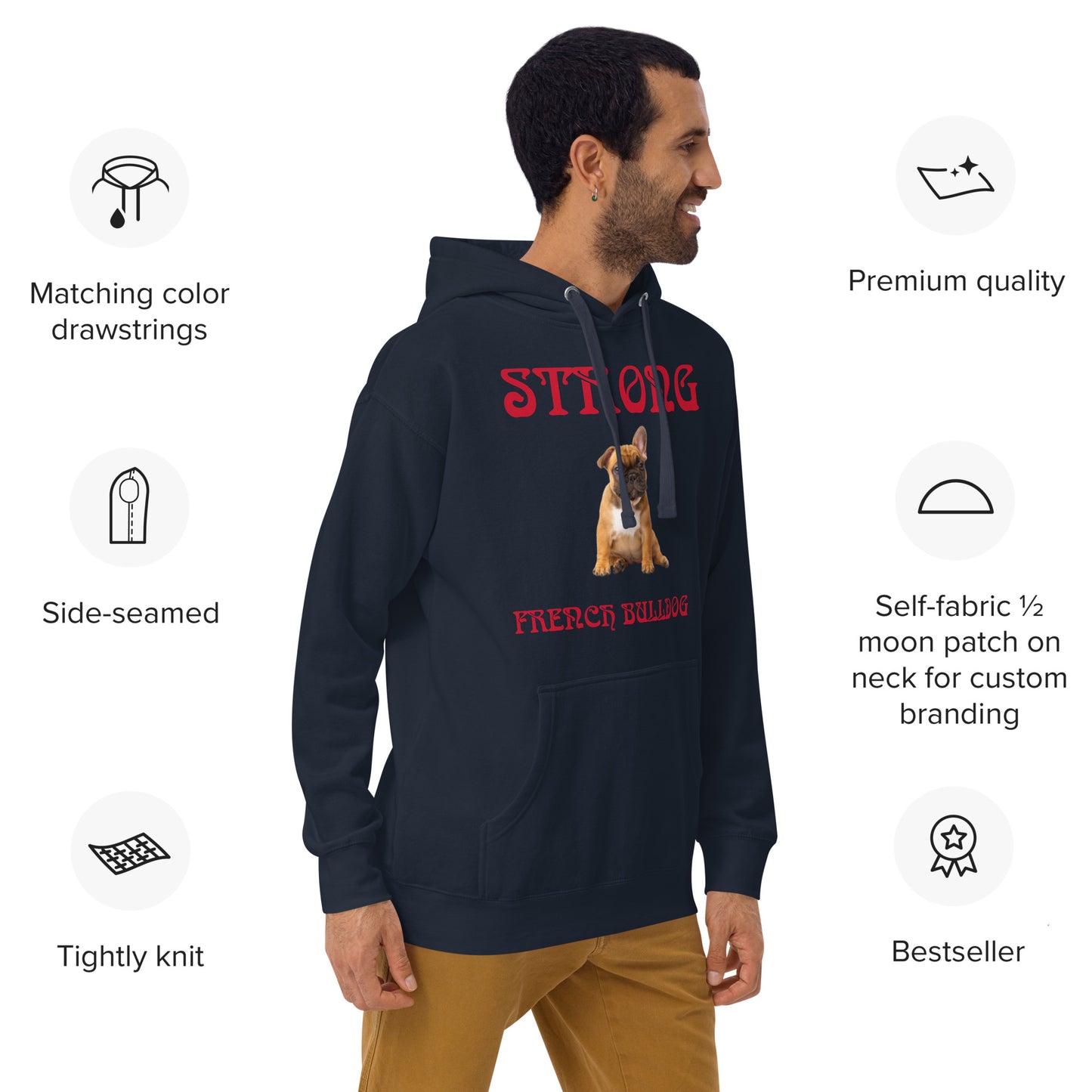 “STRONG FRENCH BULLDOG”Unisex Hoodie W/Red Font