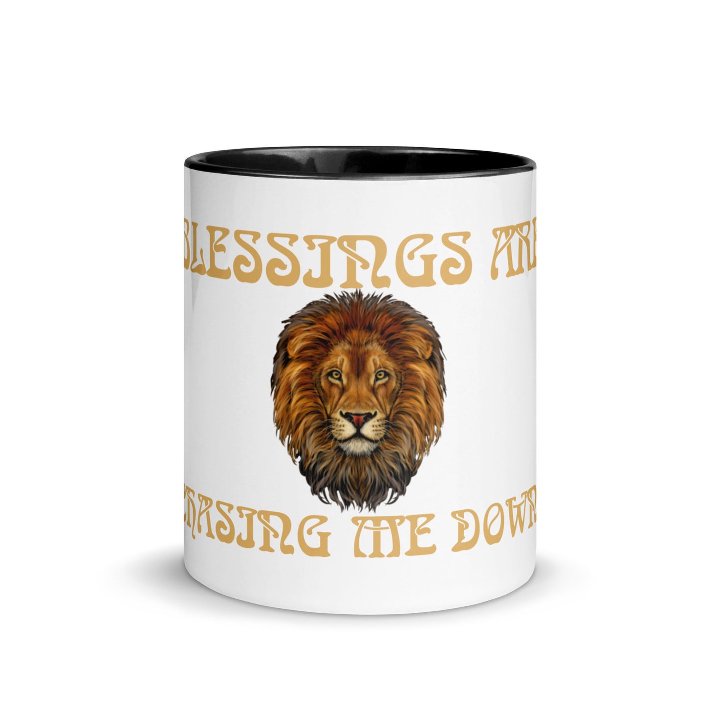 “BLESSINGS ARE CHASING ME DOWN!”Mug with Color Inside W/Fawn Font.