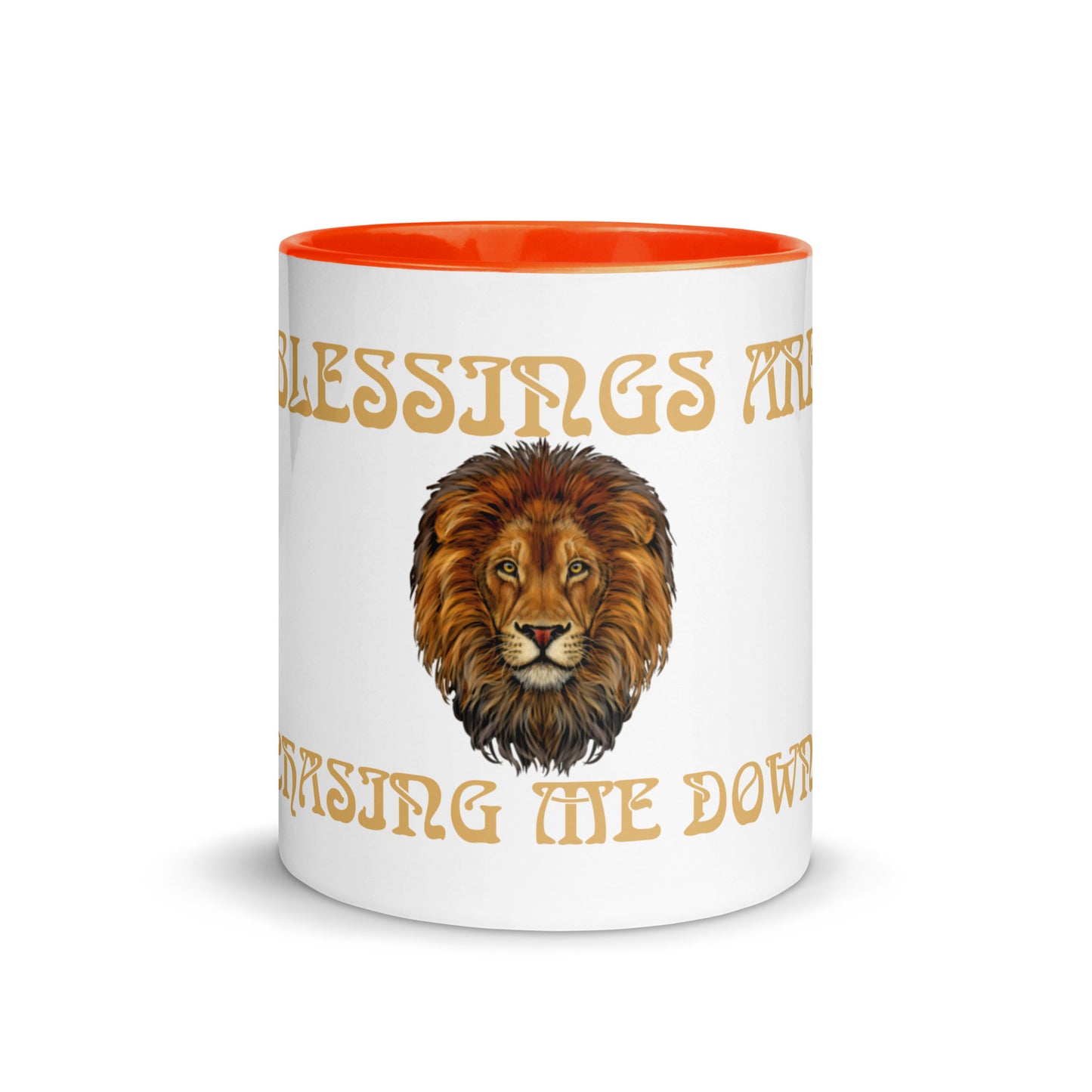 “BLESSINGS ARE CHASING ME DOWN!”Mug with Color Inside W/Fawn Font.