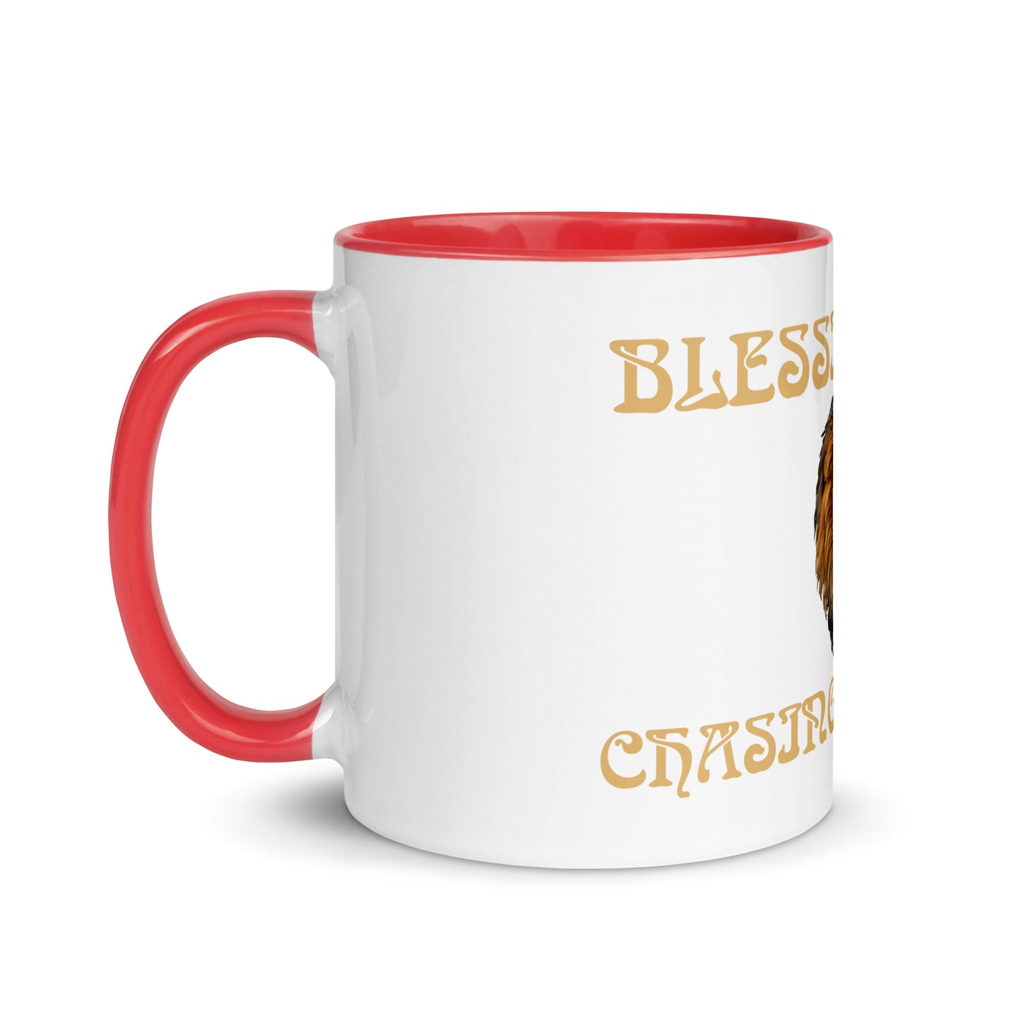 “BLESSINGS ARE CHASING ME DOWN!”Mug with Color Inside W/Fawn Font.