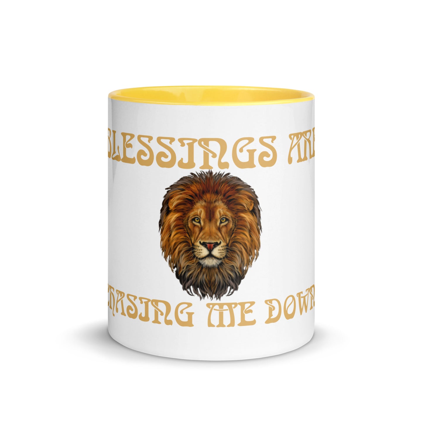 “BLESSINGS ARE CHASING ME DOWN!”Mug with Color Inside W/Fawn Font.