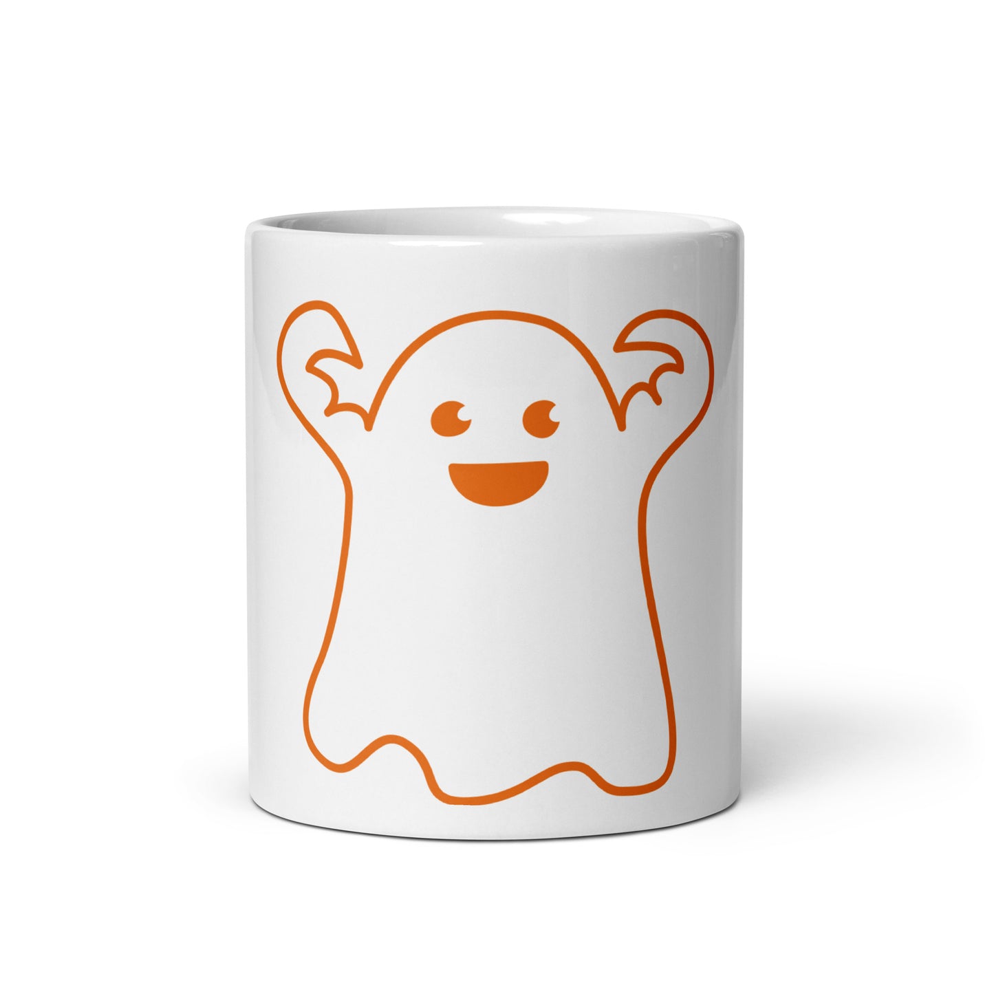 “HAPPY HALLOWEEN ORANGE GHOST!”White Glossy Mug W/Orange Font