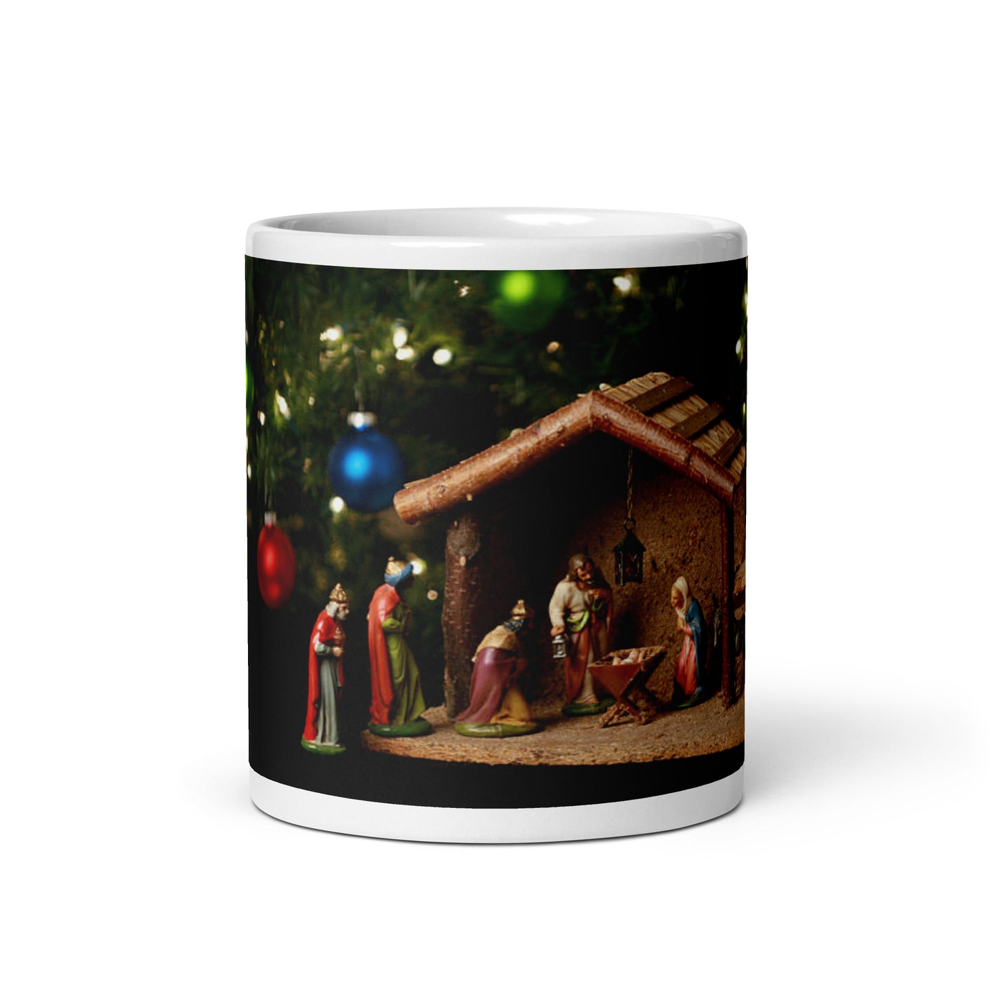 “MERRY CHRISTMAS!”White Glossy Mug W/Baby Jesus in the Manger/Red Font