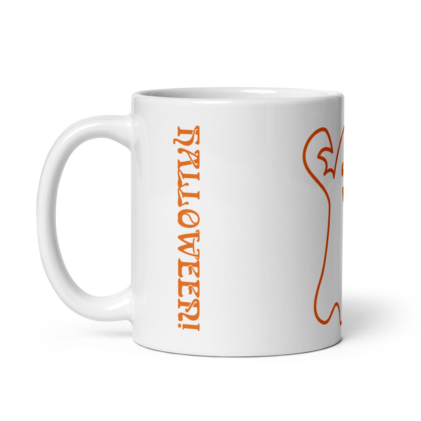 “HAPPY HALLOWEEN ORANGE GHOST!”White Glossy Mug W/Orange Font