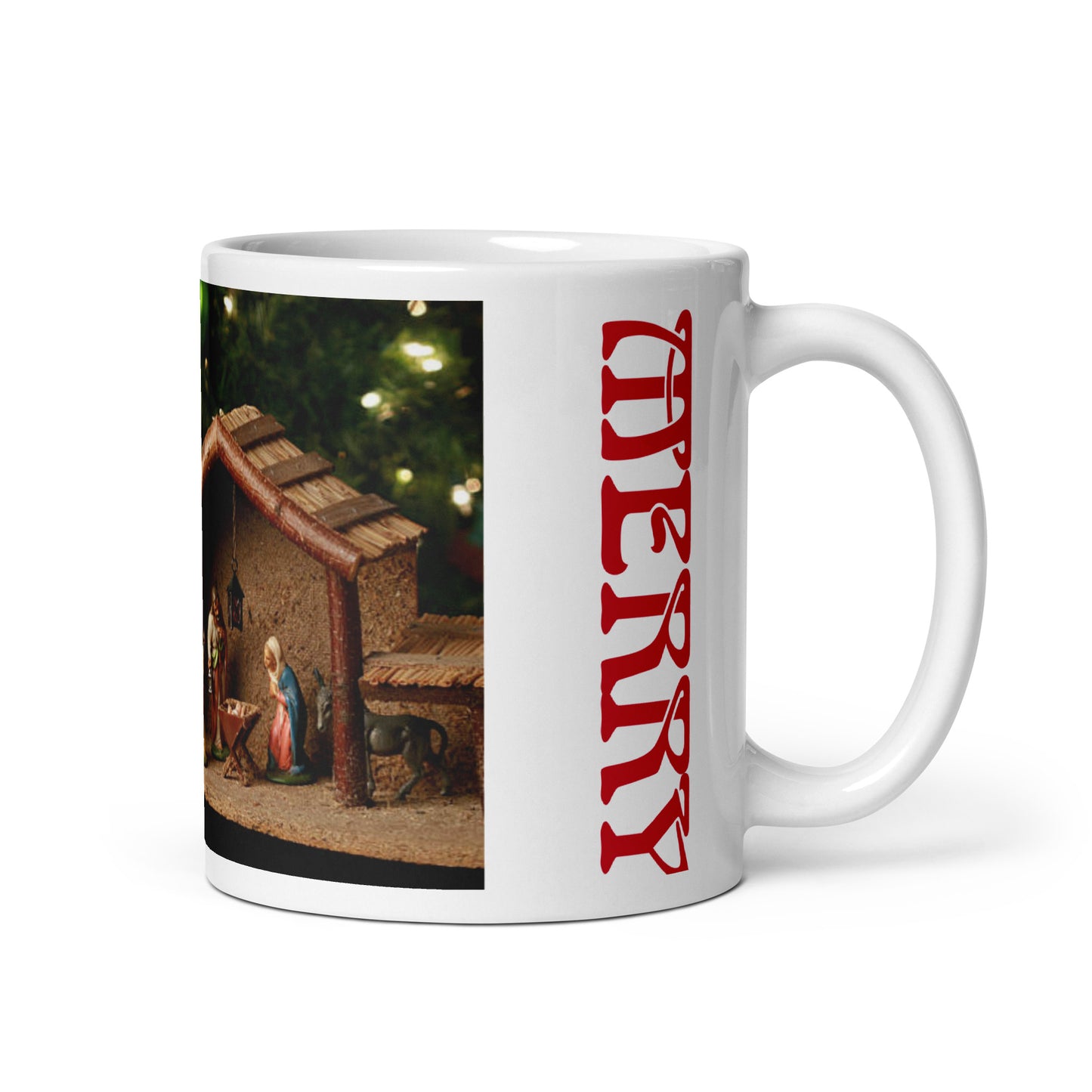 “MERRY CHRISTMAS!”White Glossy Mug W/Baby Jesus in the Manger/Red Font