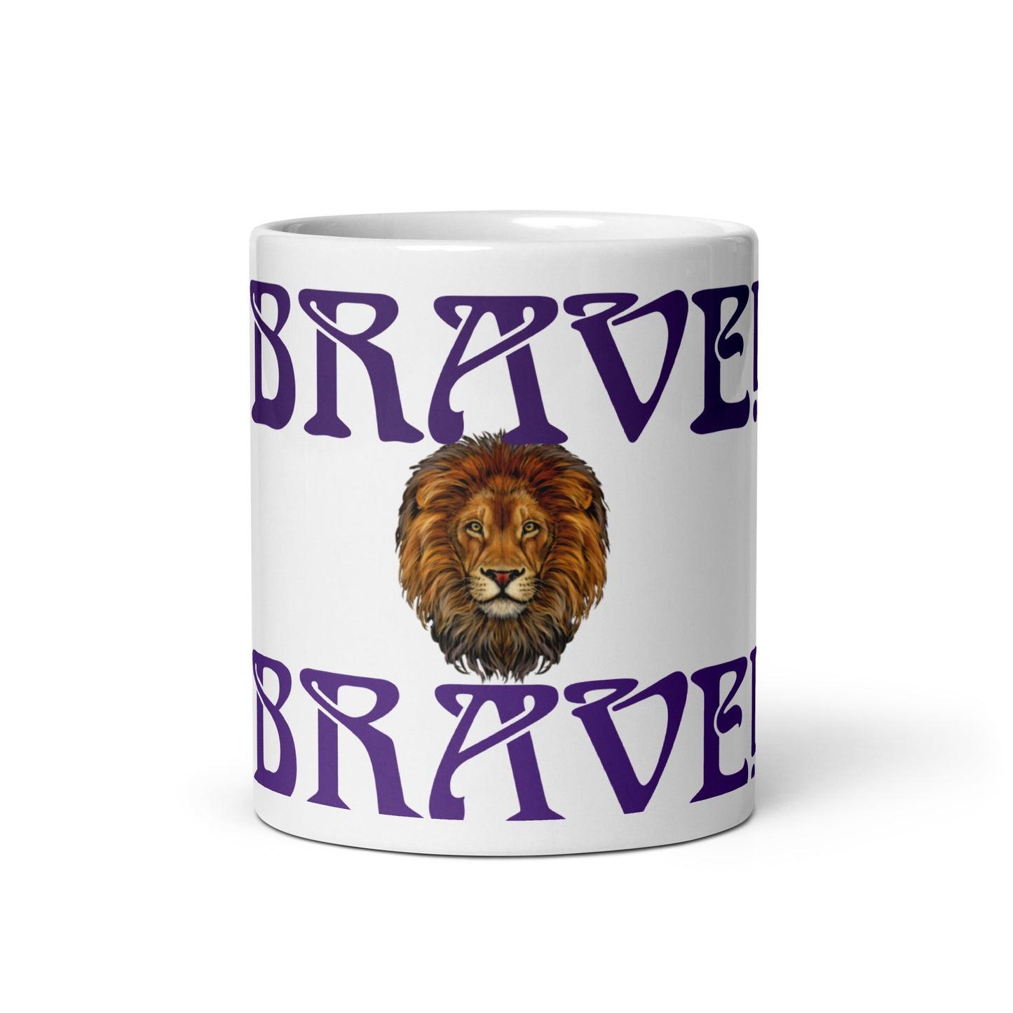 “BRAVE”White Glossy Mug W/Purple Font