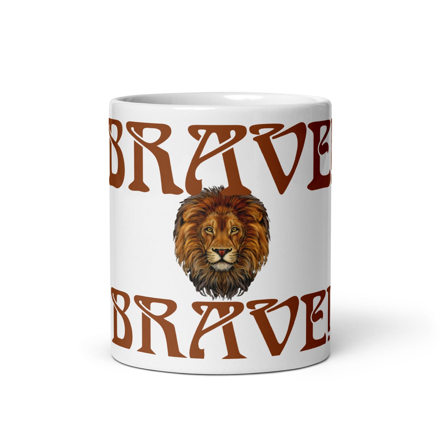 “BRAVE”White Glossy Mug W/Brown Font