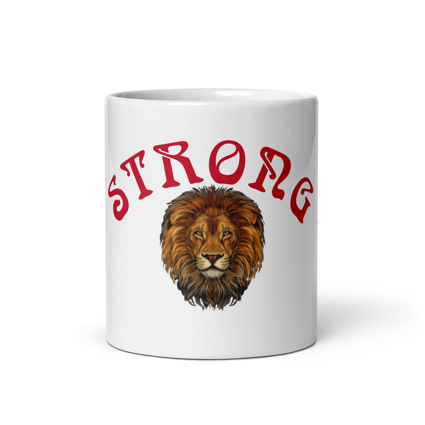 “STRONG”White Glossy Mug W/Arch Red Font