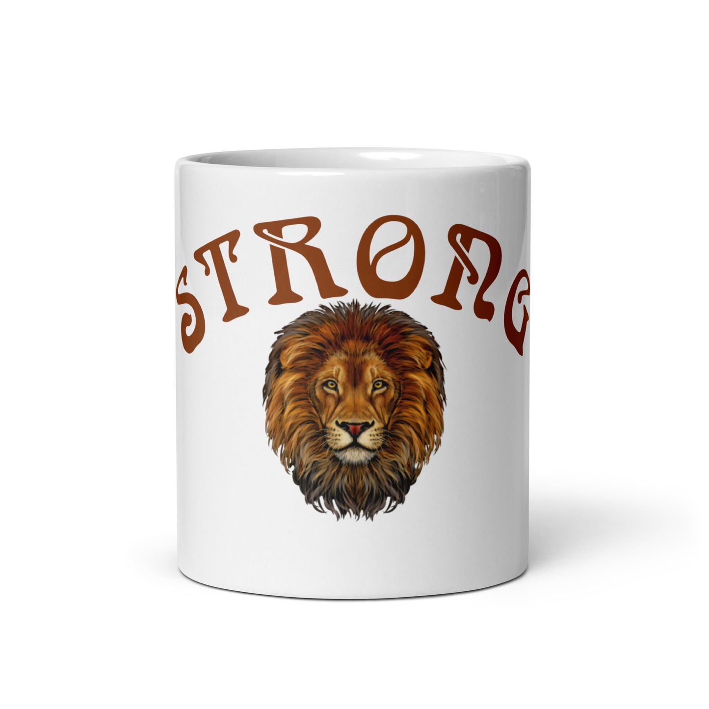 “STRONG”White Glossy Mug W/Arch Brown Font