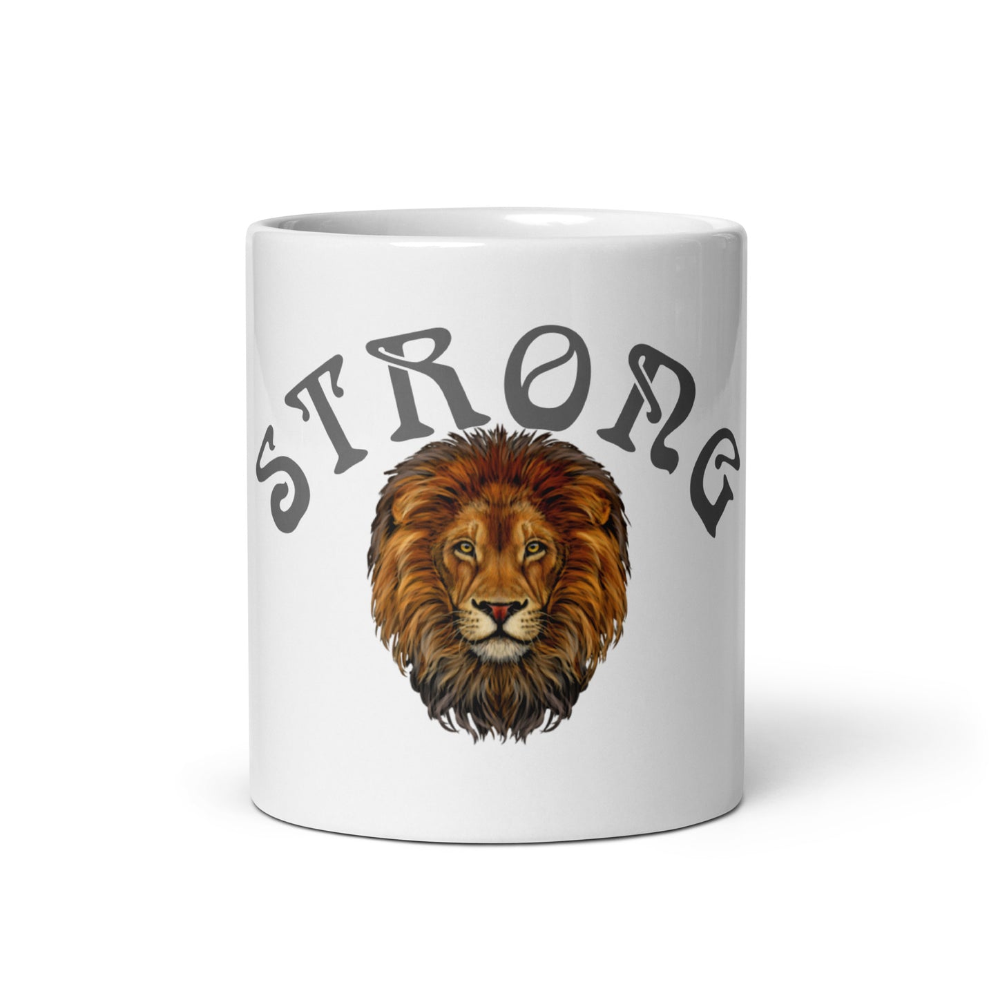 “STRONG”White Glossy Mug W/Arch Grey Font