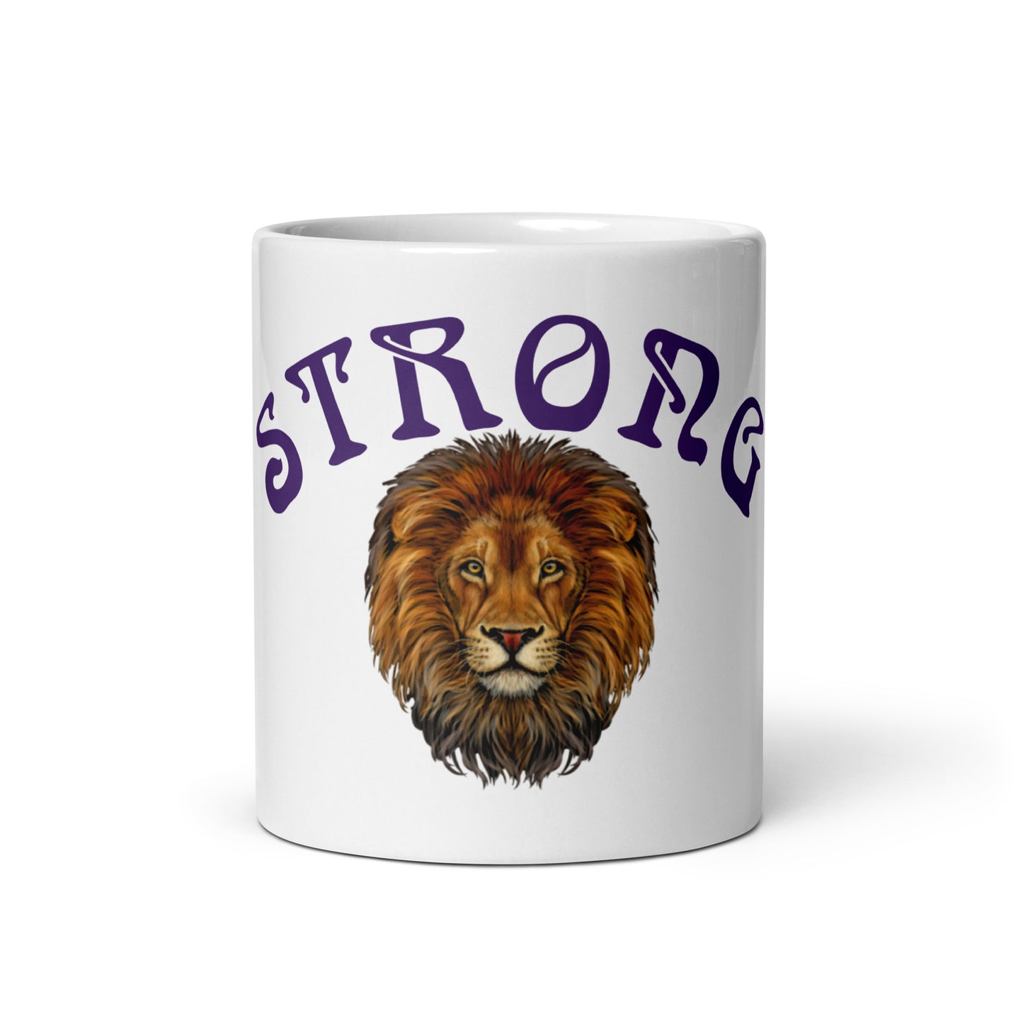 “STRONG”White Glossy Mug W/Arch Purple Font