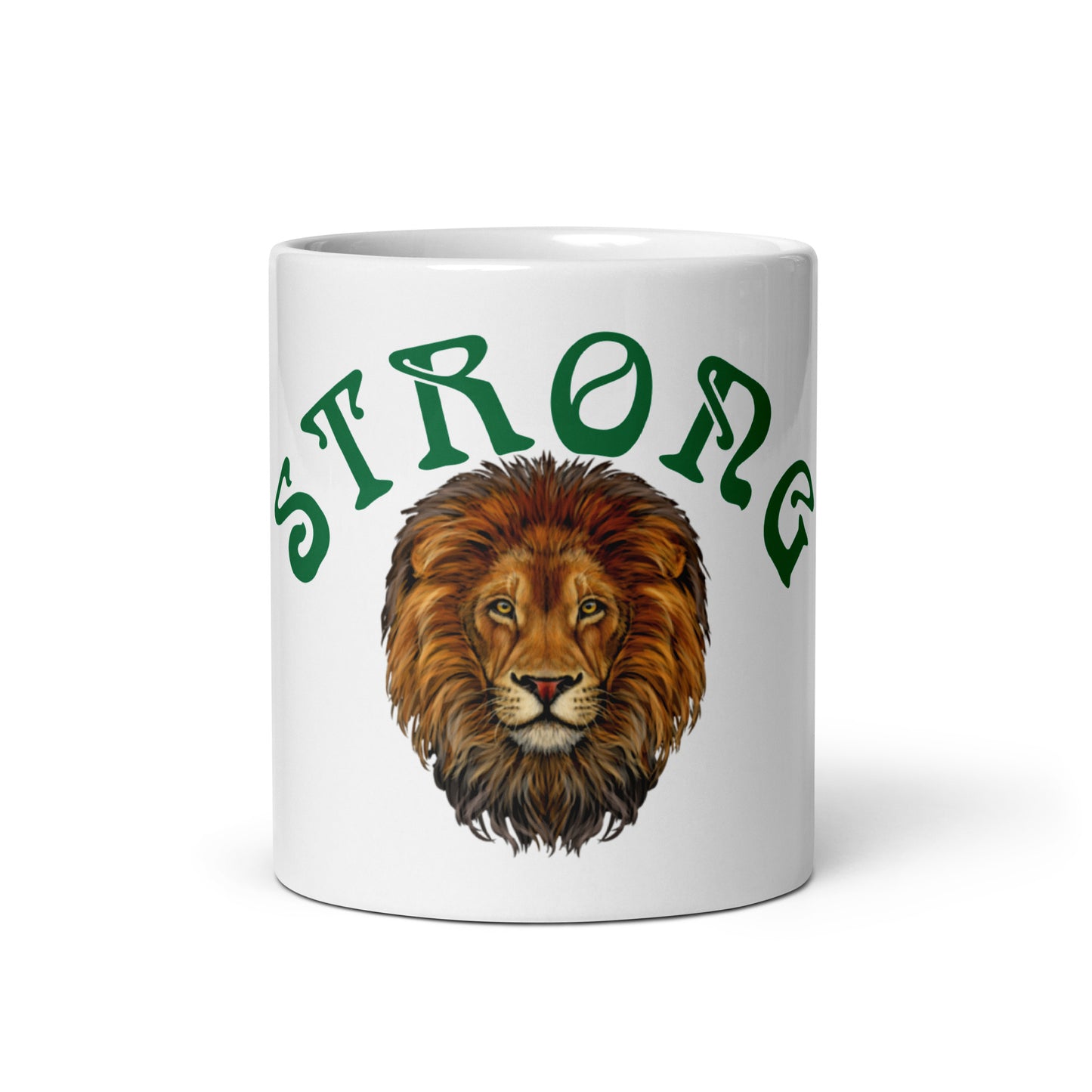 “STRONG”White Glossy Mug W/Arch Green Font