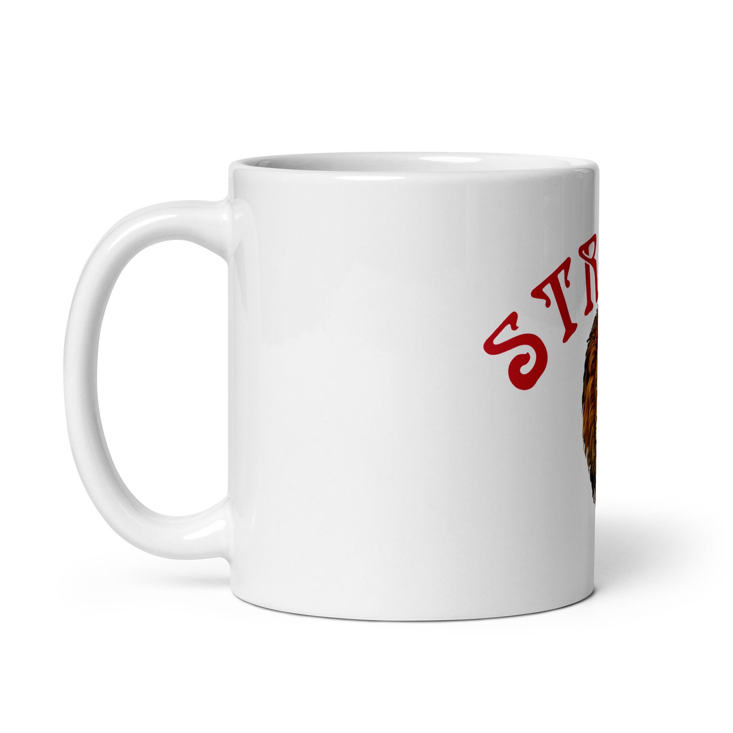 “STRONG”White Glossy Mug W/Arch Red Font