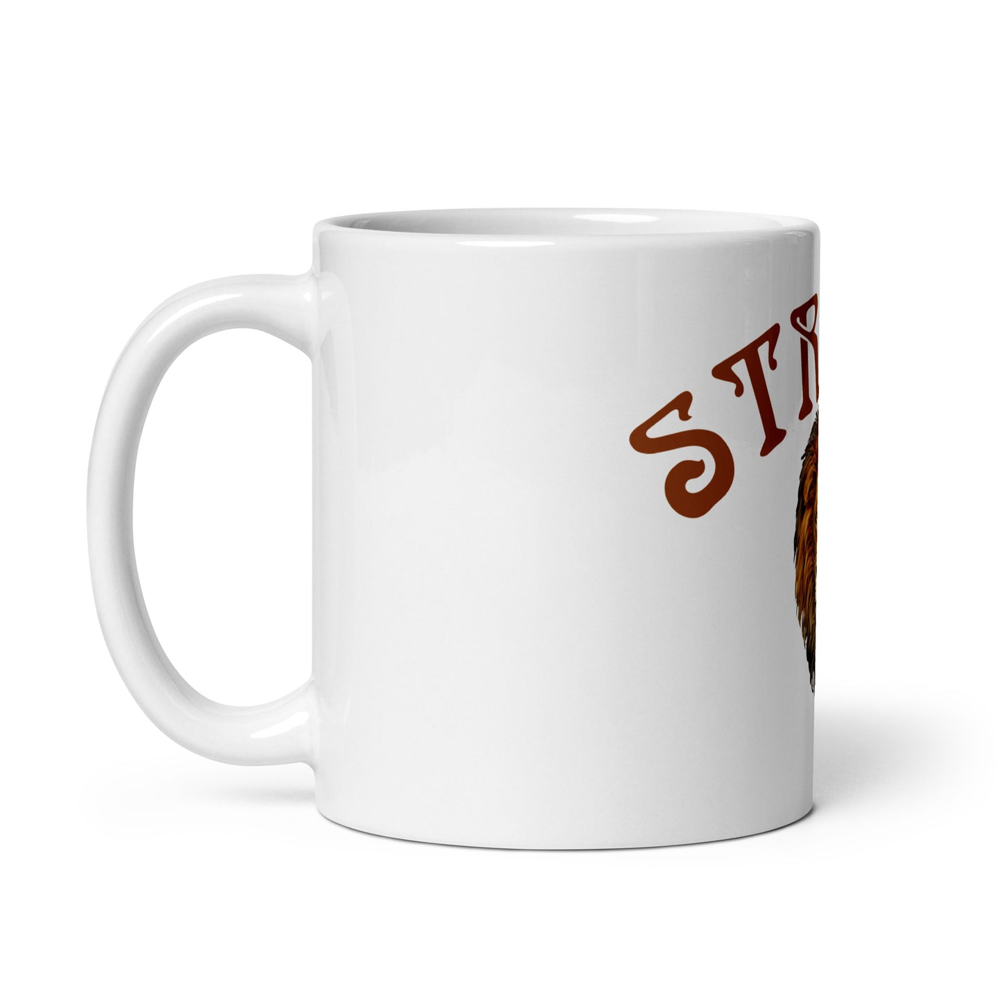 “STRONG”White Glossy Mug W/Arch Brown Font