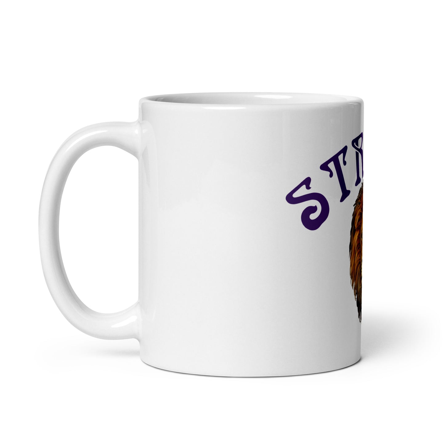 “STRONG”White Glossy Mug W/Arch Purple Font