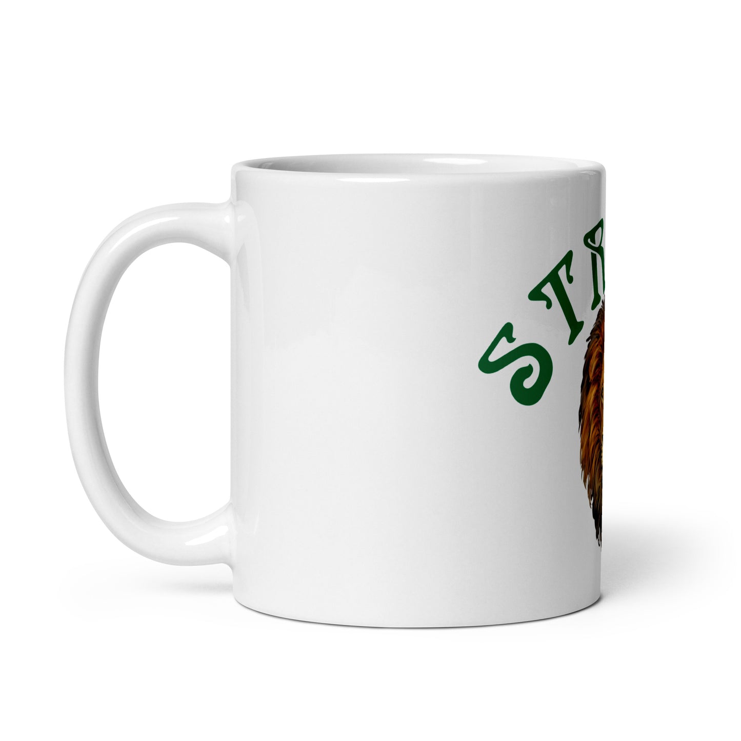 “STRONG”White Glossy Mug W/Arch Green Font