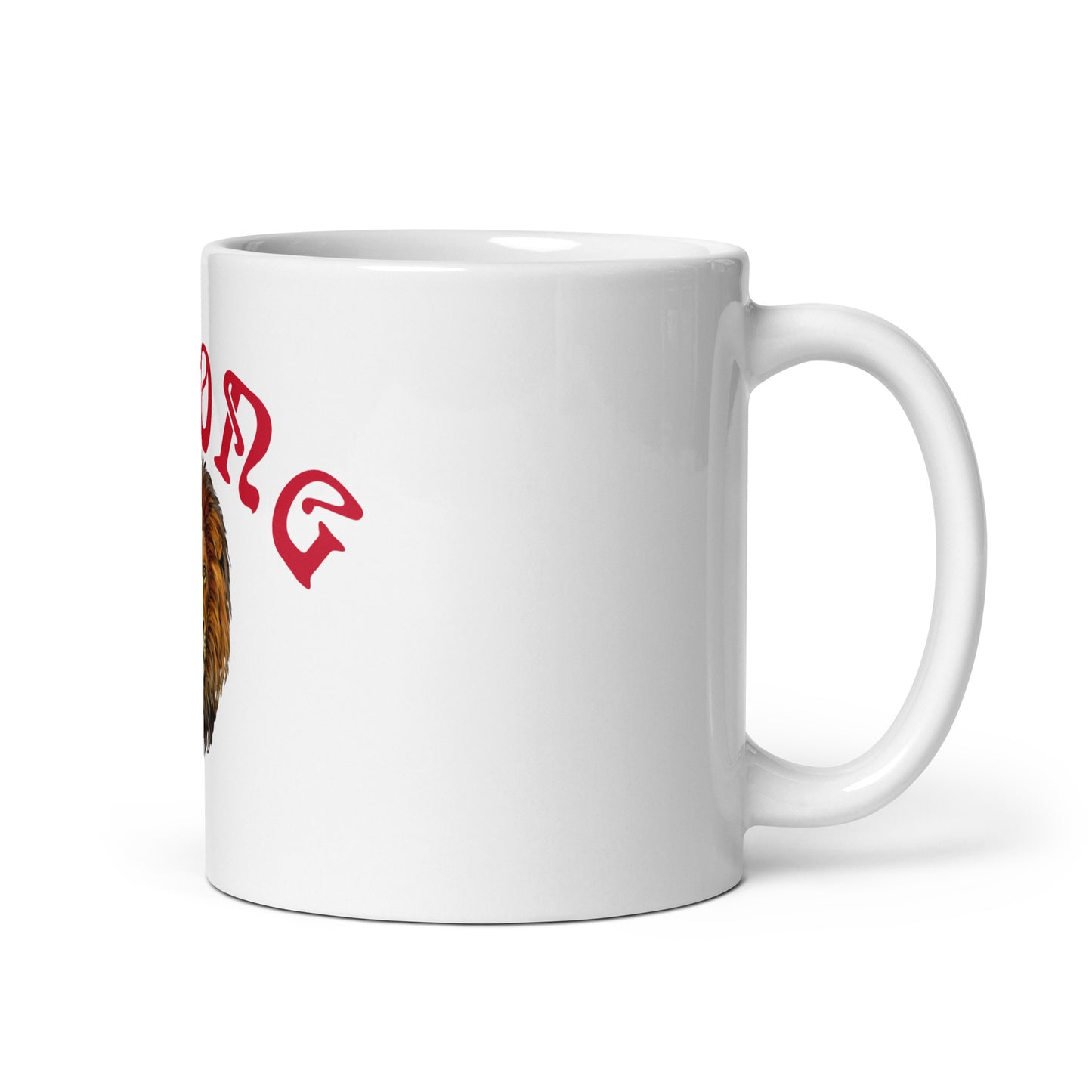 “STRONG”White Glossy Mug W/Arch Red Font