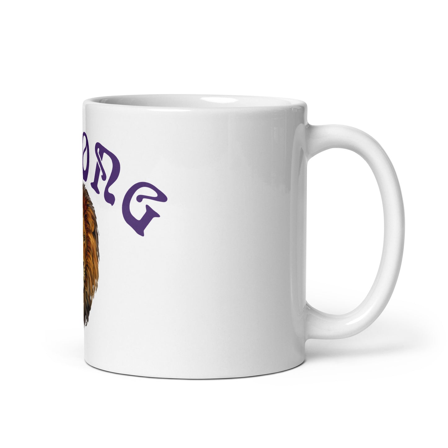 “STRONG”White Glossy Mug W/Arch Purple Font