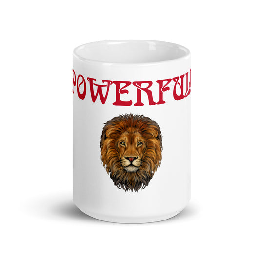 “POWERFUL!”White Glossy Mug W/Red Font