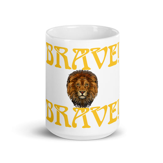 “BRAVE!”White Glossy Mug W/Yellow Font