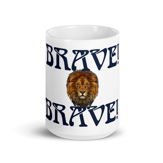 “BRAVE!”White Glossy Mug W/Navy Font