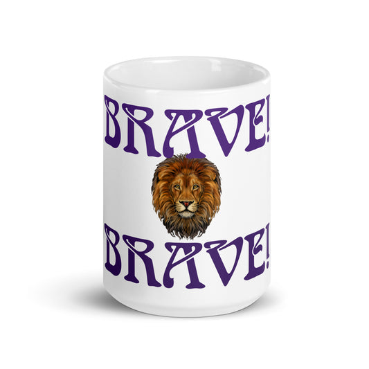 "BRAVE!"White Glossy Mug W/Purple Font