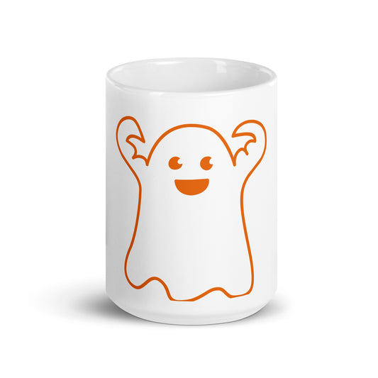 “HAPPY HALLOWEEN ORANGE GHOST!”White Glossy Mug W/Orange Font