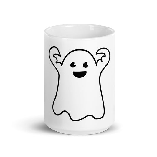 “HAPPY HALLOWEEN BLACK GHOST!White Glossy Mug W/Black Font