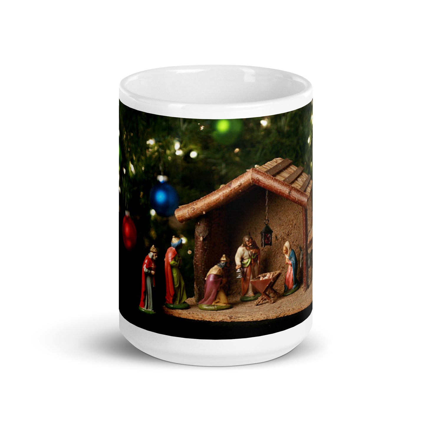 “MERRY CHRISTMAS!”White Glossy Mug W/Baby Jesus in the Manger/Red Font