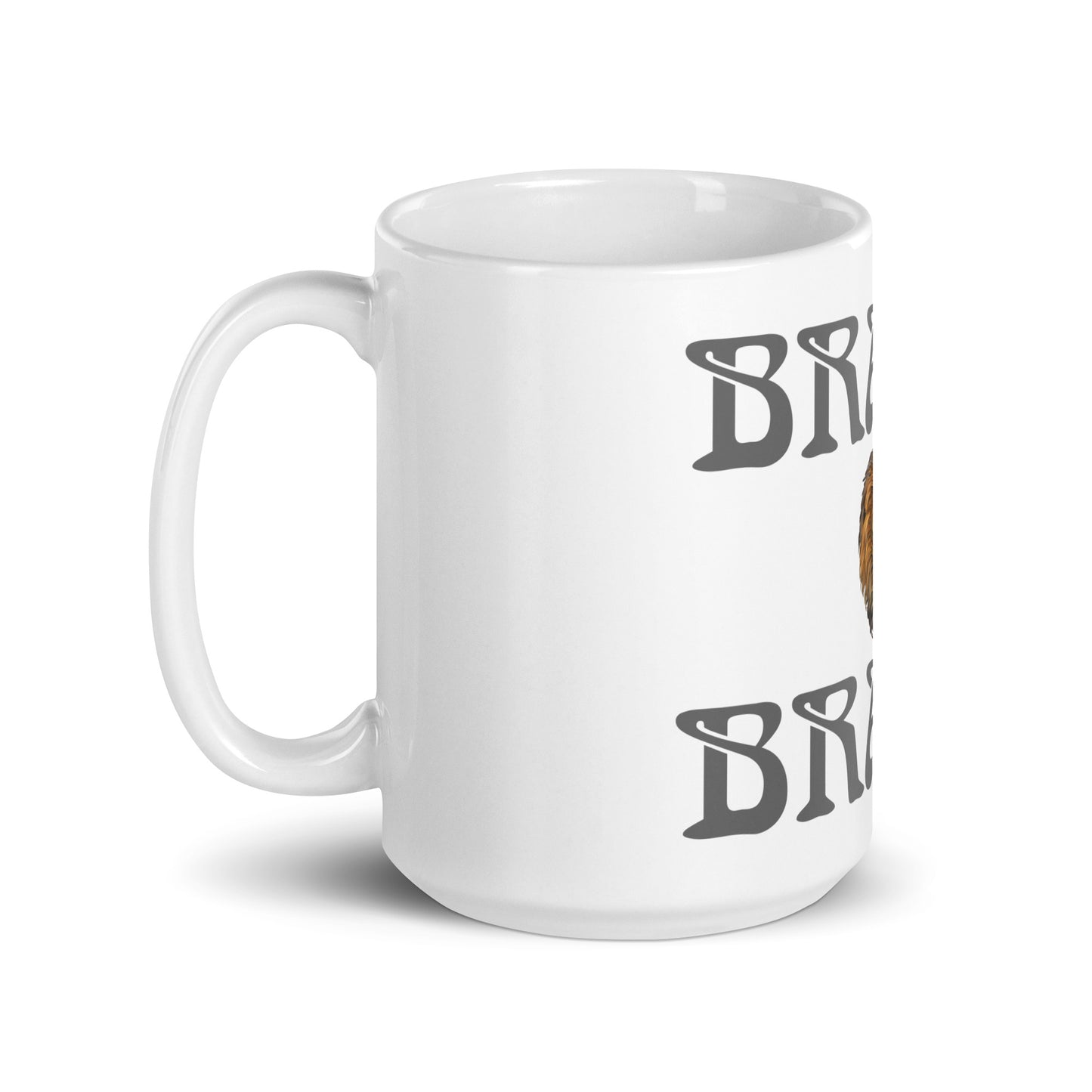 “BRAVE!”White Glossy Mug W/Grey Font