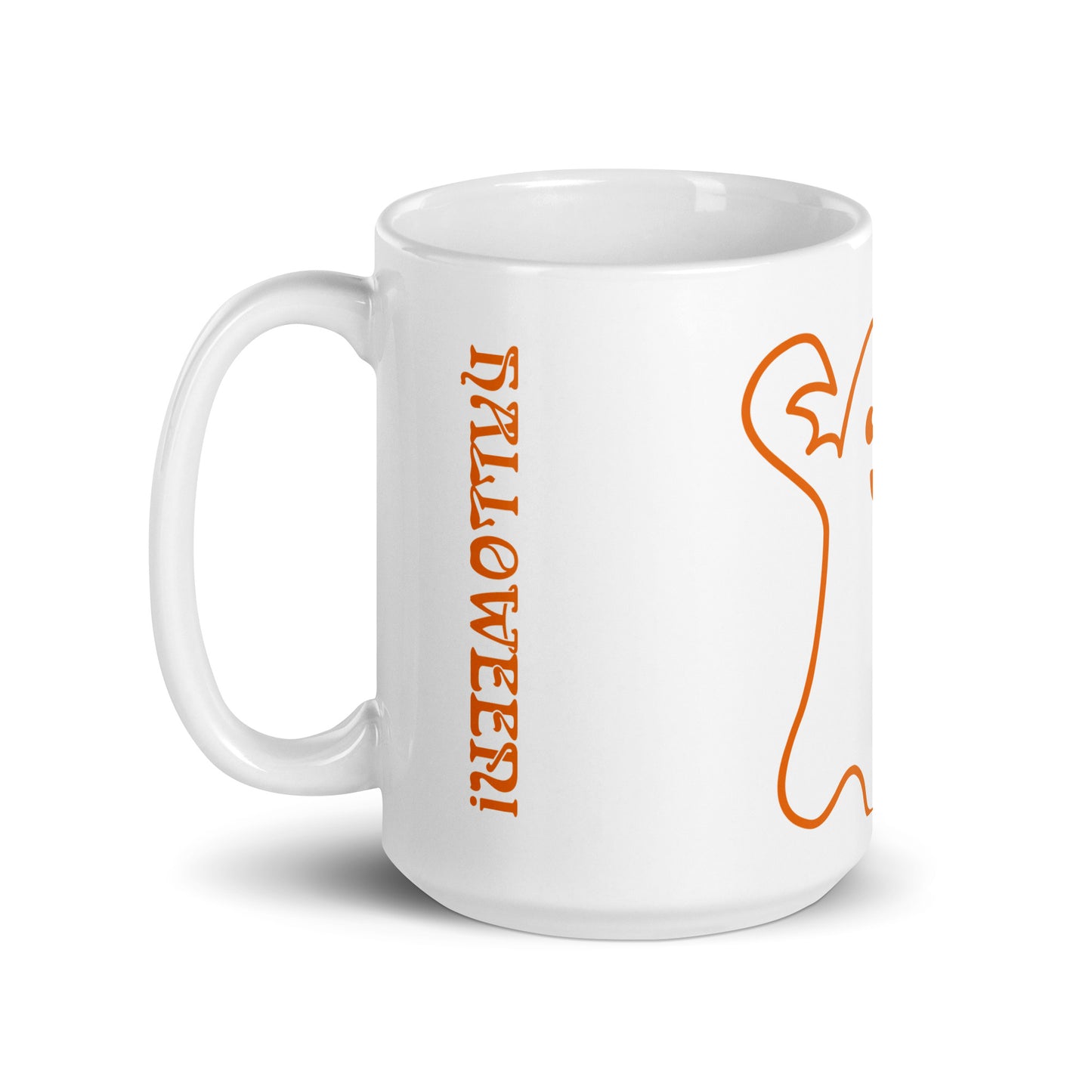 “HAPPY HALLOWEEN ORANGE GHOST!”White Glossy Mug W/Orange Font