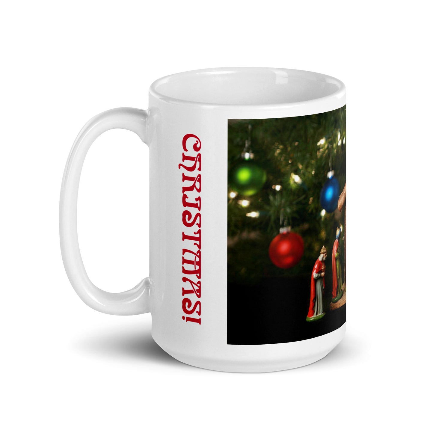 “MERRY CHRISTMAS!”White Glossy Mug W/Baby Jesus in the Manger/Red Font