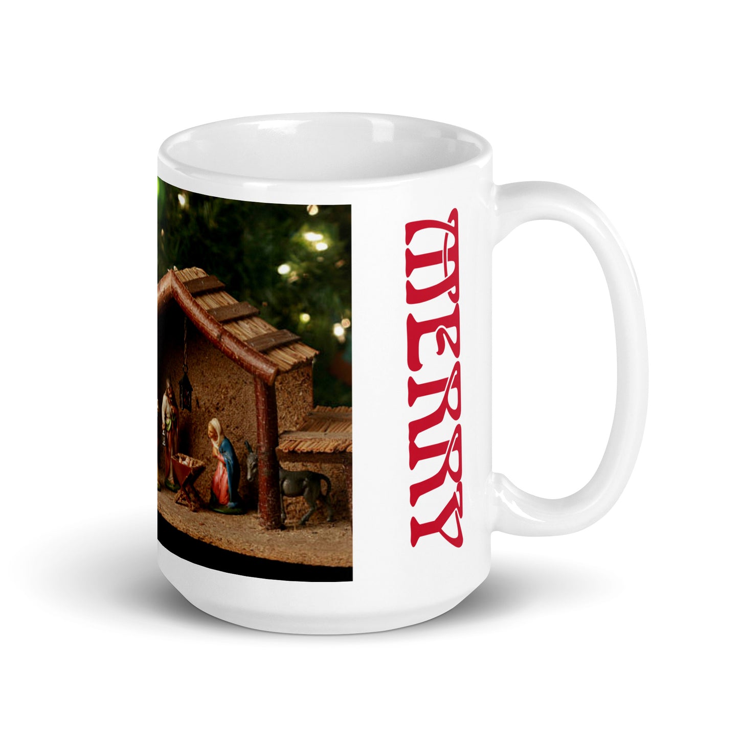 “MERRY CHRISTMAS!”White Glossy Mug W/Baby Jesus in the Manger/Red Font