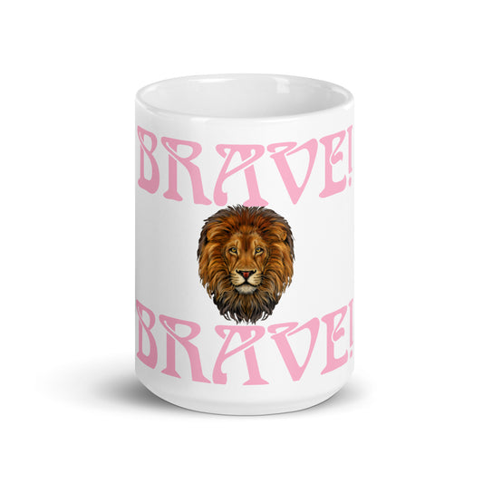 “BRAVE”White Glossy Mug W/Cotton Candy Font