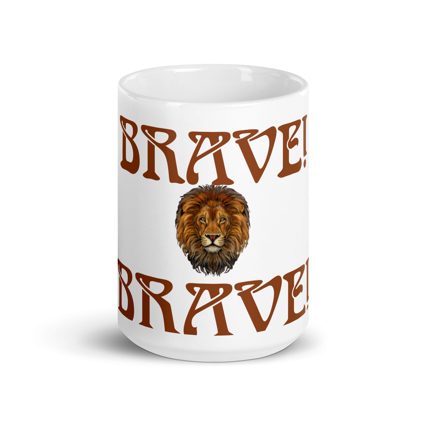 “BRAVE”White Glossy Mug W/Brown Font