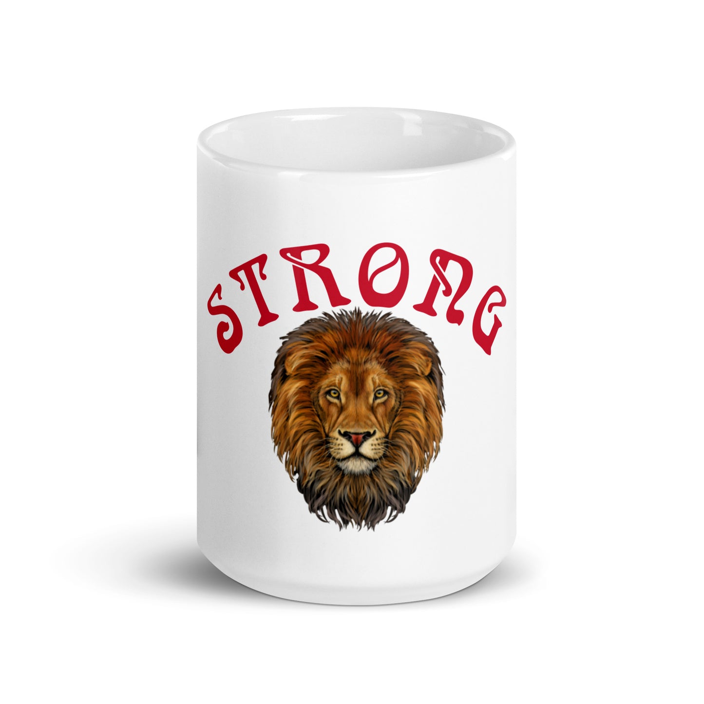 “STRONG”White Glossy Mug W/Arch Red Font