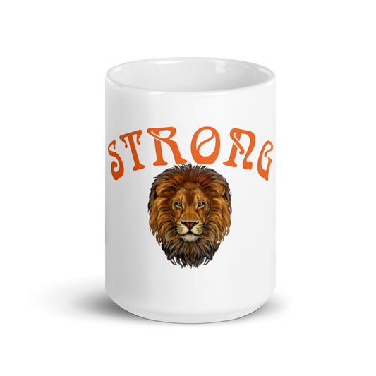 “STRONG”White Glossy Mug W/Arch Orange Font