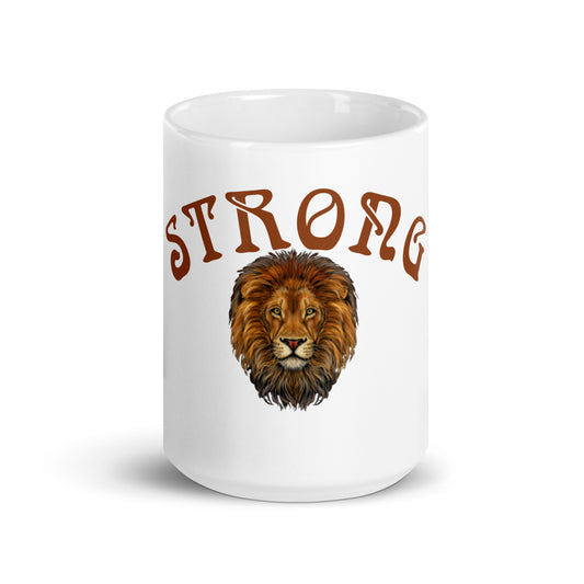 “STRONG”White Glossy Mug W/Arch Brown Font