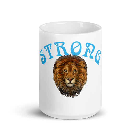 “STRONG”White Glossy Mug W/Arch SkyBlue Font