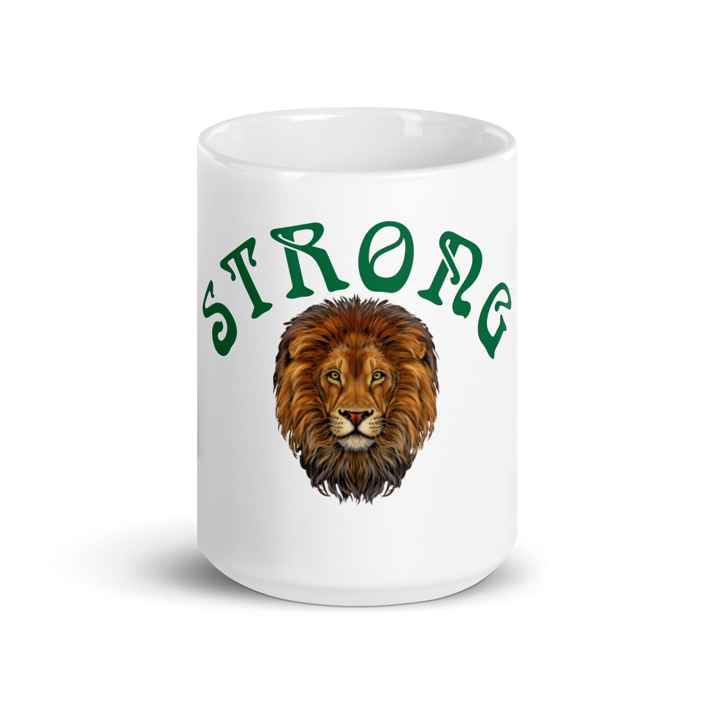 “STRONG”White Glossy Mug W/Arch Green Font