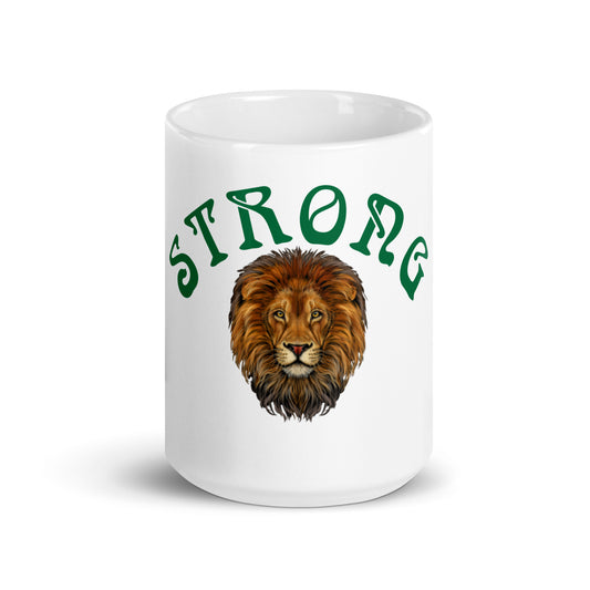 “STRONG”White Glossy Mug W/Arch Green Font